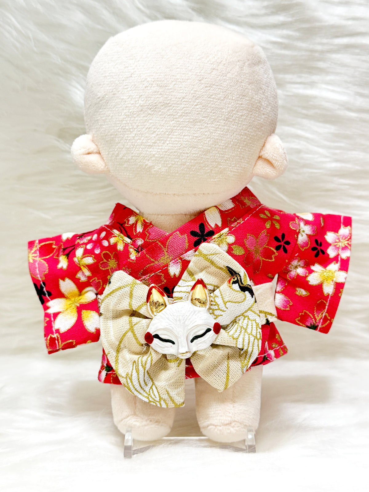 桜柄浴衣と狐面の帯セット【ぬい服】