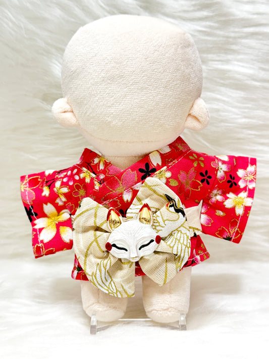 桜柄浴衣と狐面の帯セット【ぬい服】